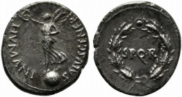 Civil War, 68-69. AR Denarius (18mm, 3.50g, 10h). Vindebona (Vienna), March-May AD 68. Victory standing l. on globe, holding wreath and palm frond. R/...