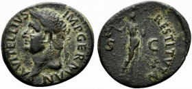 Vitellius (AD 69). Æ As (28mm, 10.24g, 6h). Spanish (Tarraco?) mint, January-June. Laureate bust l., globe at point of bust. R/ Libertas standing r., ...