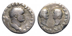 Vespasian with Titus and Domitian as Caesares (69-79). AR Denarius (17mm, 3.06g, 6h). Rome, AD 70. Laureate head of Vespasian r. R/ Bare heads of Titu...
