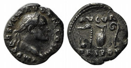 Vespasian (69-79). AR Denarius (18mm, 2.63g, 6h). Rome, 72-3. Laureate head r. R/ Simpulum, sprinkler, jug and lituus. RIC II 356; RSC 45. Good Fine