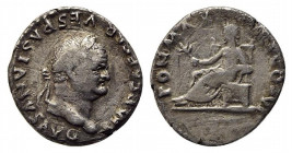 Vespasian (69-79). AR Denarius (17mm, 2.92g, 6h). Rome, AD 75. Laureate head r. R/ Pax seated l., holding branch. RIC II 772; RSC 366. Scratches, near...