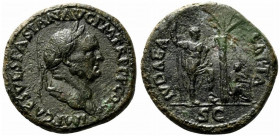 Vespasian (69-79). Æ Sestertius (34mm, 24.67g, 6h). “Judaea Capta” issue. Rome, AD 71. Laureate head r. R/ Palm tree; to l., Vespasian, holding spear ...