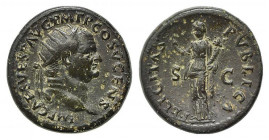 Vespasian (69-79). Æ Dupondius (26mm, 13.06g, 6h). Rome, AD 74. Radiate head r. R/ Felicitas standing l., holding short caduceus and cornucopia. RIC I...