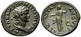 Domitian (Caesar, 69-81). Æ As (28mm, 13.40g, 6h). Rome, 76-7. Laureate and draped bust r. R/ Aequitas standing l., holding scales and rod. RIC II 930...