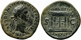 Domitian (Caesar, 69-81). Æ As (29mm, 11.54g, 6h). Rome, AD 85. Laureate bust r., weraing aegis. R/ Altar. RIC II 305. Green patina, VF