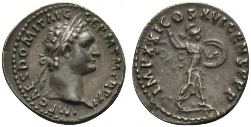 Domitian (81-96). AR Denarius (18.5mm, 2.62g, 7h). Rome, AD 92. Laureate head r....