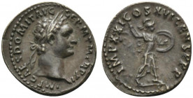 Domitian (81-96). AR Denarius (18.5mm, 2.62g, 7h). Rome, AD 92. Laureate head r. R/ Minerva standing r. on galley, brandishing spear and shield. RIC I...