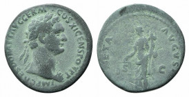 Domitian (81-96). Æ As (27mm, 11.25g, 6h). Rome, AD 85. Laureate bust r., wearing aegis. R/ Moneta standing l., holding scales and cornucopiae. RIC II...