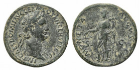Domitian (81-96). Æ As (27.5mm, 8.45g, 6h). Rome, AD 86. Laureate bust r., wearing aegis. R/ Moneta standing l., holding scales and cornucopia. RIC II...
