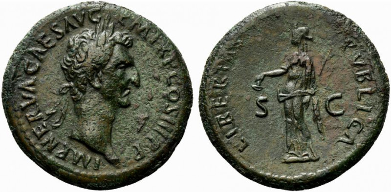 Nerva (96-98). Æ Sestertius (34.5mm, 23.98g, 6h). Rome, AD 97. Laureate head r. ...