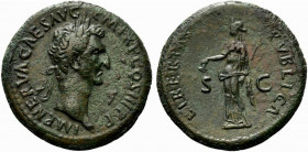 Nerva (96-98). Æ Sestertius (34.5mm, 23.98g, 6h). Rome, AD 97. Laureate head r. R/ Libertas standing l., holding pileus and vindicta. RIC II 86. Near ...