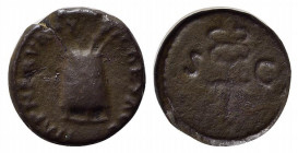 Nerva (96-98). Æ Quadrans (14mm, 2.58g, 6h). Rome. Modius containing three stalks of grain. R/ Winged caduceus. RIC II 113. Good Fine