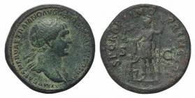 Trajan (98-117). Æ Sestertius (34mm, 25.50g, 6h). Rome, 106-7. Laureate bust r., with slight drapery. R/ Roma standing l. holding Victory and spear; a...