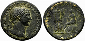 Trajan (98-117). Æ Sestertius (33mm, 23.57g, 6h). Rome, c. AD 103. Laureate bust r., slight drapery on l. shoulder. R/ Dacian seated l. on shield, in ...