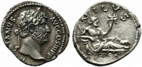Hadrian (117-138). AR Denarius (19mm, 3.31g, 6h). “Travel series” issue. Rome, c. 130-3. Laureate head r. R/ Nilus reclining r., holding reed and corn...