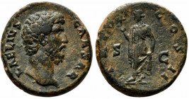 Aelius (Caesar, 136-138). Æ As (26mm, 12.71g, 6h). Rome, AD 137. Bare head r. R/ Spes advancing l., holding flower and lifting skirt of dress. RIC II....