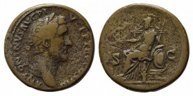Antoninus Pius (138-161). Æ Sestertius (30.5mm, 23.22g, 12h). Rome, AD 147. Laureate head r. R/ Roma seated l., holding Victory and spear, resting l. ...