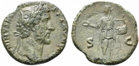 Antoninus Pius (138-161). Æ As (24mm, 7.88g, 6h). Rome, 145-6. Laureate head r. R/ Apollo standing facing, head l., holding patera and lyre. Cf. RIC I...