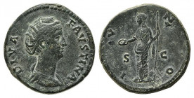 Diva Faustina Senior (died 141). Æ Sestertius (31.5mm, 24.12g, 11h). Rome, AD 141. Draped bust r. R/ Juno standing l., holding patera in extended r. h...
