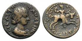 Faustina Junior (Augusta, 147-175). Macedon, Amphipolis. Æ (19.5mm, 5.00g, 6h). Draped bust r. R/ Artemis Tauropolos riding bull charging r. RPC IV.1 ...