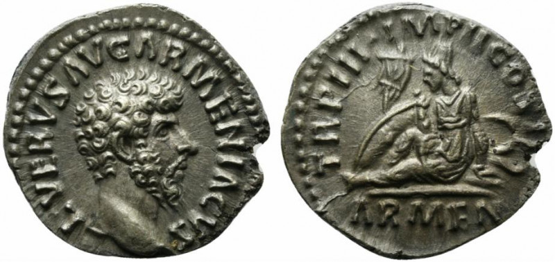 Lucius Verus (161-169). AR Denarius (18mm, 3.16g, 5h). Rome, AD 163. Bare head r...