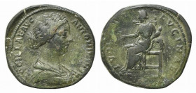 Lucilla (Augusta, 164-182). Æ Sestertius (32.5mm, 21.01g, 12h). Rome, 164-7. Draped bust r. R/ Juno seated l. on throne with back, feet on footstool, ...