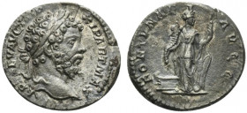Septimius Severus (193-211). AR Denarius (18mm, 3.06g, 12h). Rome, AD 198. Laureate head r. R/ Fortuna standing facing, foot on prow, head r., holding...