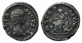 Julia Domna (Augusta, 193-217). AR Denarius (18mm, 3.02g, 11h). Rome, c. 198-207. Draped bust r. R/ Cybele, towered, seated l. on throne between two l...