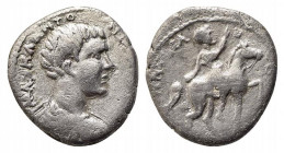 Caracalla ? (198-217). Imitative Denarius (16.5mm, 1.89g, 12h). M AVR ANTONIN[…], Bare-headed, draped and cuirassed bust r. R/ Emperor on horseback r....