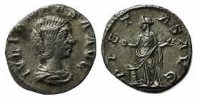 Julia Maesa (Augusta, 218-224/5). AR Denarius (17mm, 2.90g, 5h). Rome, 218-220. Draped bust r. R/ Pietas standing facing, head l., raising both hands ...