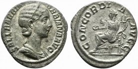 Orbiana (Augusta, 225-227). AR Denarius (18mm, 2.12g, 12h). Rome. Diademed and draped bust r. R/ Concordia seated l., holding patera and double cornuc...
