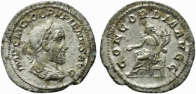 Pupienus (AD 238). AR Denarius (21mm, 2.47g, 12h). Rome. Laureate, draped and cuirassed bust r. R/ Concordia seated l., holding patera and double corn...