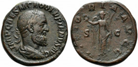 Pupienus (AD 238). Æ Sestertius (29.5mm, 21.07g, 12h). Rome. Laureate, draped and cuirassed bust r. R/ Victory standing l., holding wreath and palm fr...