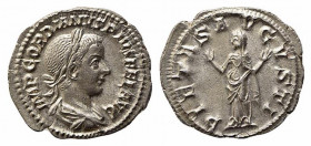 Gordian III (238-244). AR Denarius (20.5mm, 2.19g, 6h). Rome, AD 241. Laureate, draped and cuirassed bust r. R/ Pietas standing facing, veiled head l....