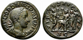 Gordian III (238-244). Æ As (25mm, 10.88g, 12h). Rome, 241-3. Laureate, draped and cuirassed bust r. R/ Gordian seated l., crowned by Victory standing...