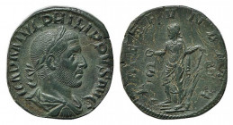 Philip I (244-249). Æ Sestertius (29.5mm, 17.63g, 12h). Rome, 244-9. Laureate, draped and cuirassed bust r. R/ Laetitia standing l. on prow of galley,...