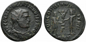Diocletian (284-305). Radiate (20mm, 3.12g, 12h). Antioch, AD 296. Radiate, draped and cuirassed bust r. R/ Emperor standing r., receiving globe surmo...