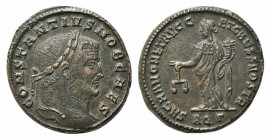 Constantius I (Caesar, 293-305). Æ Follis (26.5mm, 9.25g, 6h). Aquileia, AD 300. Laureate head r. R/ Moneta standing l., holding scales and cornucopia...