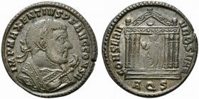 Maxentius (307-312). Æ Follis (25mm, 6.64g, 6h). Aquileia, 308-9. Laureate bust r., wearing imperial mantle, holding eagle-tipped sceptre. R/ Roma sea...