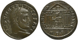 Maxentius (307-312). Æ Follis (25mm, 7.02g, 6h). Rome, 308-310. Laureate head r. R/ Roma seated within hexastyle temple; wreath in pediment; RBP. RIC ...