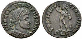 Constantine I (307/310-337). Æ Follis (20mm, 3.42g, 5h). Aquileia, 316-7. Laureate, draped and cuirassed bust r. R/ Sol standing l., r. hand raised, h...