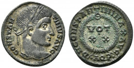 Constantine I (307/310-337). Æ Follis (18.5mm, 2.58g, 12h). Aquileia, AD 321. Laureate head r. R/ VOT XX in laurel wreath; •AQP•. RIC VII 85. VF