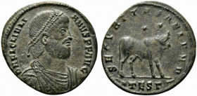 Julian II (360-363). Æ (28.5mm, 8.47g, 6h). Thessalonica. Pearl-diademed, draped and cuirassed bust r. R/ Bull standing r.; two stars above; palm-TESΓ...