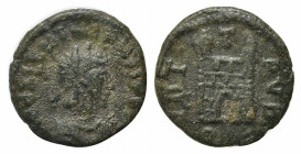 Valentinian III (425-455). Æ Nummus (13mm, 1.60g, 12h). Rome, c. 425-435. Diademed, draped and cuirassed bust r. R/ Camp-gate with two turrets; T abov...