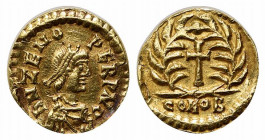 Odovacar (King, 476-493). AV Tremissis (13mm, 1.39g, 6h). In the name of Zeno. Mediolanum, 476-491. Pearl-diademed, draped and cuirassed bust r. R/ Cr...