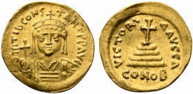 Tiberius II (578-582). AV Solidus (21mm, 4.40g, 6h). Constantinople. Crowned and cuirassed bust facing, holding globus cruciger and shield. R/ Cross p...