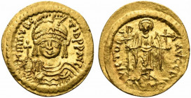 Maurice Tiberius (582-602). AV Solidus (21mm, 4.47g, 6h). Constantinople, 583/4-602. Helmeted, draped and cuirassed bust facing, holding globus crucig...