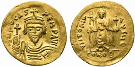 Phocas (602-610). AV Solidus (21.5mm, 4.48g, 6h) Constantinople, 607-609. Crowned, draped and cuirassed facing bust, holding cross. R/ Angel standing ...