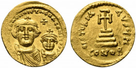 Heraclius and Heraclius Constantine (610-641). AV Solidus (19.5mm, 4.43g, 6h). Constantinople, 616-625. Crowned and draped facing busts of Heraclius a...