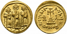 Heraclius (610-641). AV Solidus (19.5mm, 4.45g, 6h). Constantinople, 638/9-641. Heraclonas, Heraclius and Heraclius Constantine standing facing, each ...